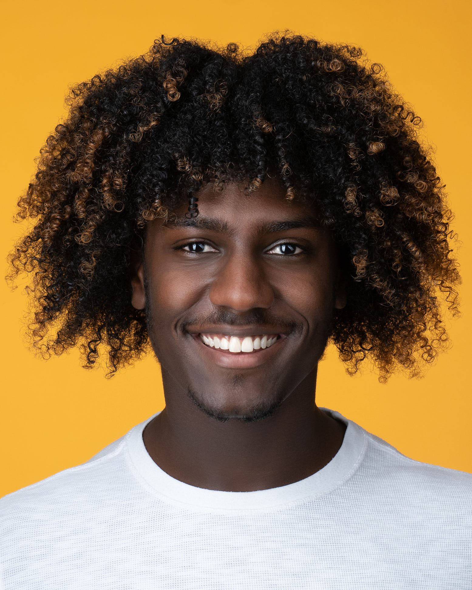 Commercial headshot on a yellow backdrop in a Charlotte photography studio